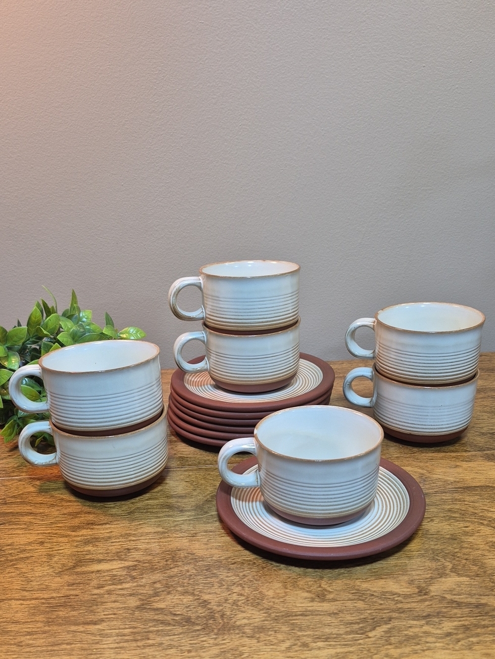 KILN CRAFT STAFFORDSHIRE POTTERIES Vintage Set of 7 Terracotta Cups & Saucers